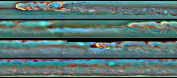 This set of images from NASA's Cassini mission shows the evolution of a massive thunder-and-lightning storm that circled all the way around Saturn and fizzled when it ran into its own tail. The storm was first detected on Dec. 5, 2010. Image re