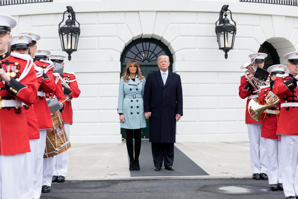 For the 140th annual Easter Egg Roll at the White House, Melania kept warm in a powder blue Burberry coat which weighs in at £1,795. [Photo: Getty]