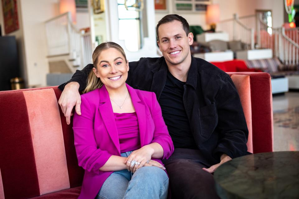 Olympian Shawn Johnson East and her husband, former NFL player Andrew East, at Poindexter coffee in Nashville, Tenn., Friday, Jan. 21, 2022. The couple host a podcast called "Couple Things."