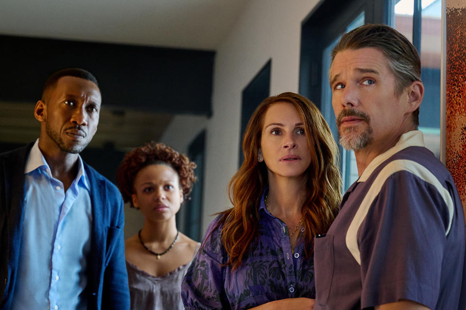 Mahershela Ali as G.H., Myha'la as Ruth, Julia Roberts as Amanda and Ethan Hawke as Clay in Leave the World Behind (Netflix)