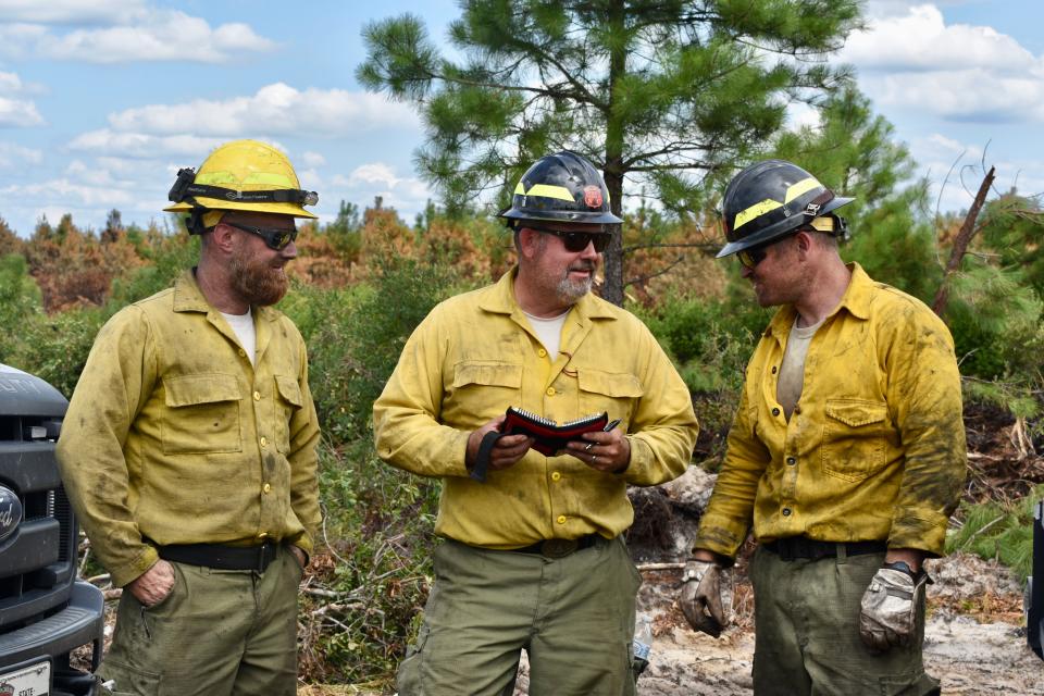 Members of the North Carolina Forest Service at the site of the Juniper Road Two Fire in the Holly Shelter Game Lands in Pender County on Wednesday, Aug. 17, 2022.