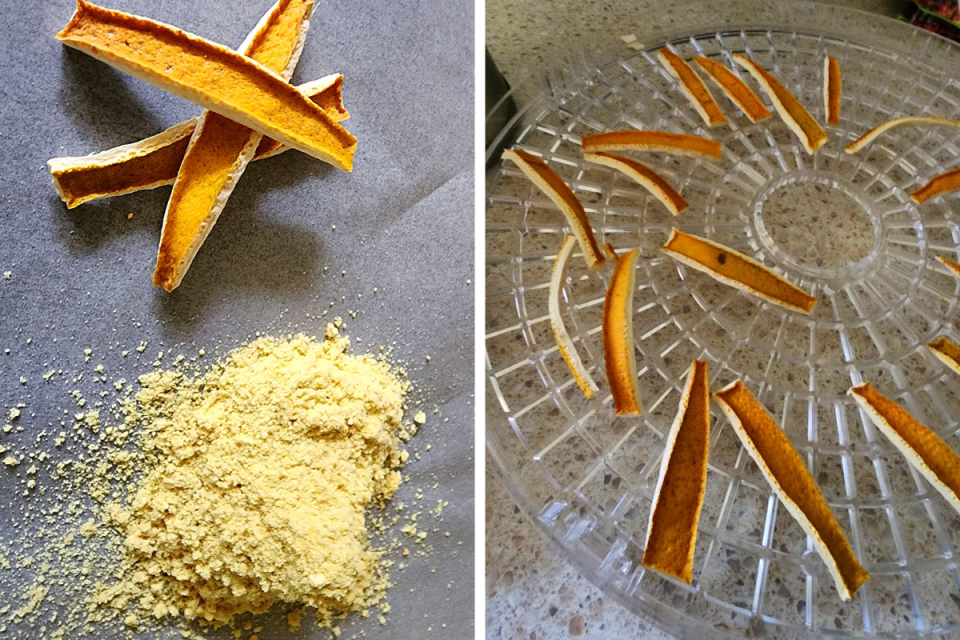 L: Dehydrated lemon peel and powder. R: Dehydrated lemon peel in a dehydrator.