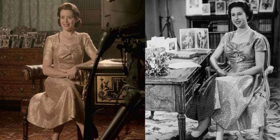 <p>For a moment as historic as the Queen's first televised Christmas speech, <em>The Crown </em>replicated her gold lamé tea dress. The identical frock even featured cap sleeves and a knotted bodice like the original. </p>
