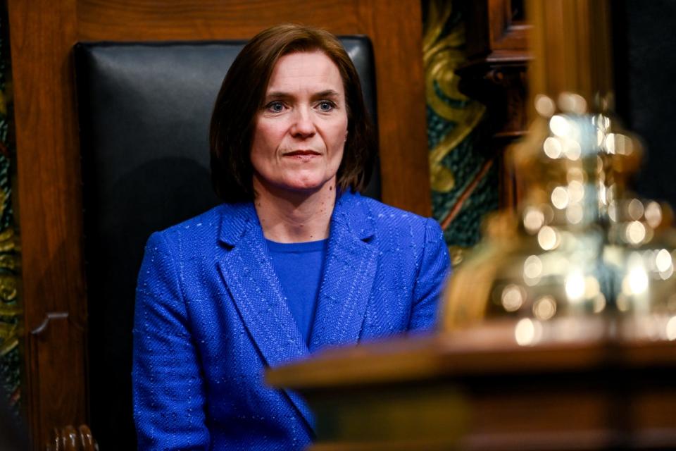 Senate majority leader Winnie Brinks looks on during Gov. Gretchen Whitmer's State of the State address on Wednesday, Jan. 25, 2023, at the Michigan State Capitol in Lansing. 