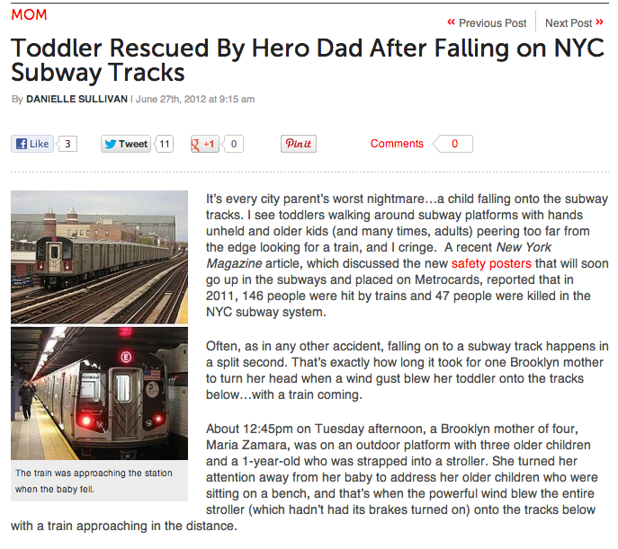 <div class="caption-credit"> Photo by: Babble</div><div class="caption-title">Toddler Rescued From Train Tracks</div>There are not many things worse than witnessing a toddler falling onto the subway tracks. This is the story of how one father acted quickly when he saw just that. <i>Read more of this story <a href="http://www.babble.com/mom/toddler-rescued-by-hero-dad-after-falling-on-nyc-subway-tracks/" rel="nofollow noopener" target="_blank" data-ylk="slk:here;elm:context_link;itc:0;sec:content-canvas" class="link ">here</a></i>