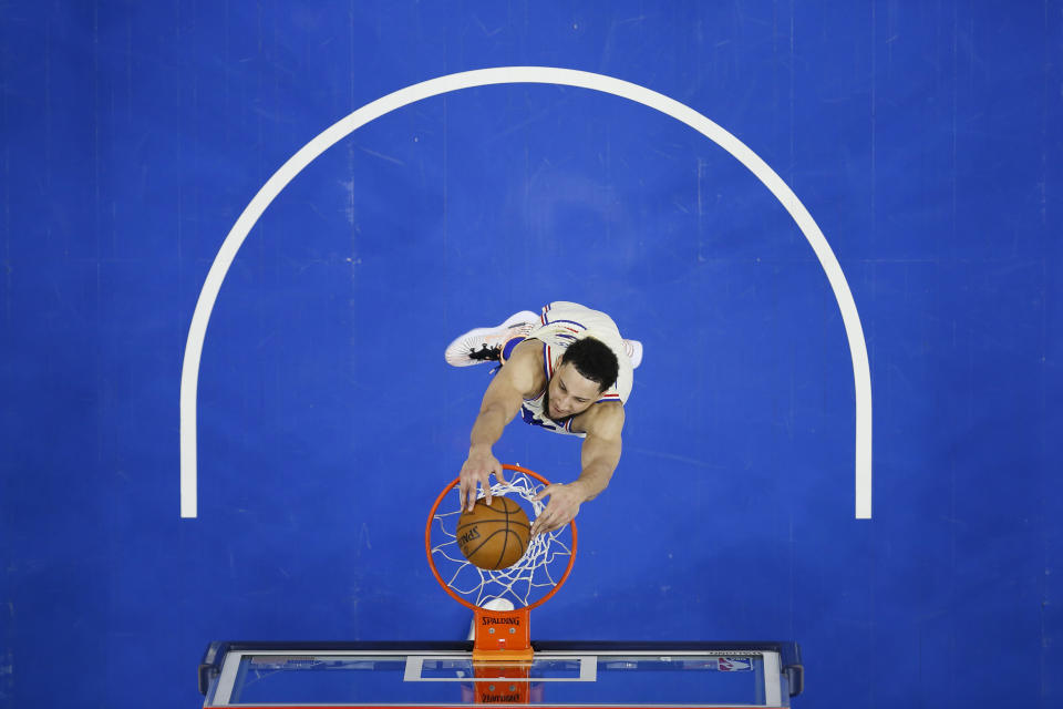 Philadelphia 76ers' Ben Simmons goes up for a dunk during the first half of an NBA basketball game against the Brooklyn Nets, Wednesday, April 14, 2021, in Philadelphia. (AP Photo/Matt Slocum)