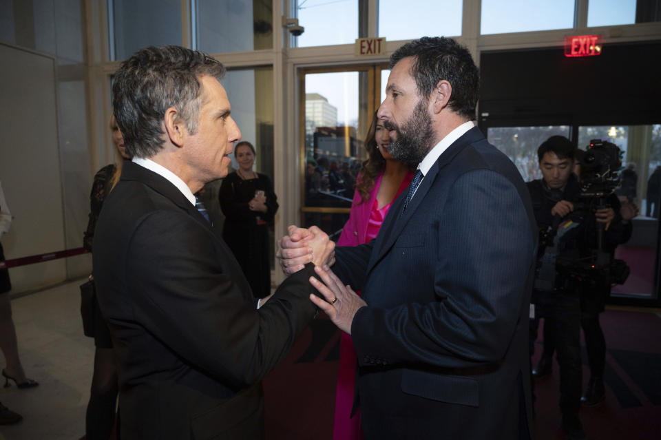 Ben Stiller and Mark Twain Prize recipient Adam Sandler talk before walking the red carpet during the 24th Annual Mark Twain Prize for American Humor at the Kennedy Center for the Performing Arts, Sunday, March 19, 2023, in Washington. (AP Photo/Kevin Wolf)
