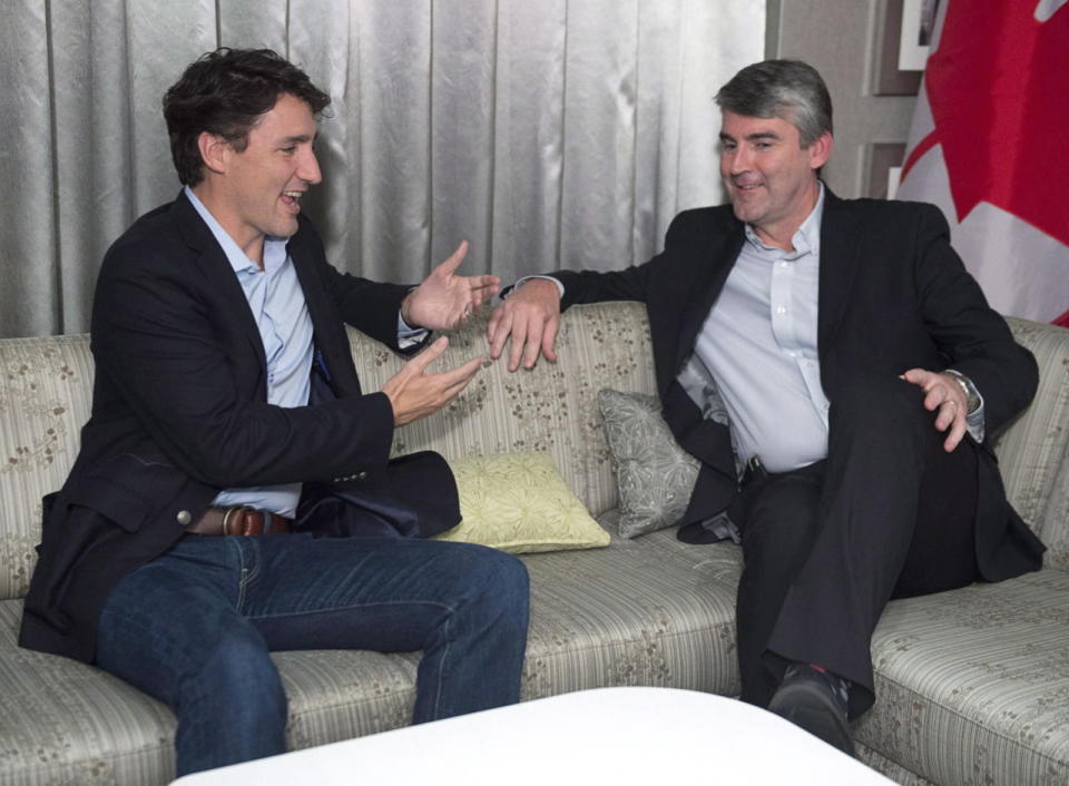 Prime Minister Justin Trudeau, left, chats with Premier Stephen McNeil during the Nova Scotia Liberal convention in Halifax on Saturday, April 2, 2016. THE CANADIAN PRESS/Andrew Vaughan