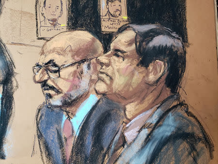 The accused Mexican drug lord Joaquin "El Chapo" Guzman (R), appears with defense attorney A. Eduardo Balarezo (L) during his trial, in this courtroom sketch in Brooklyn federal court in New York, U.S., November 19, 2018. REUTERS/Jane Rosenberg