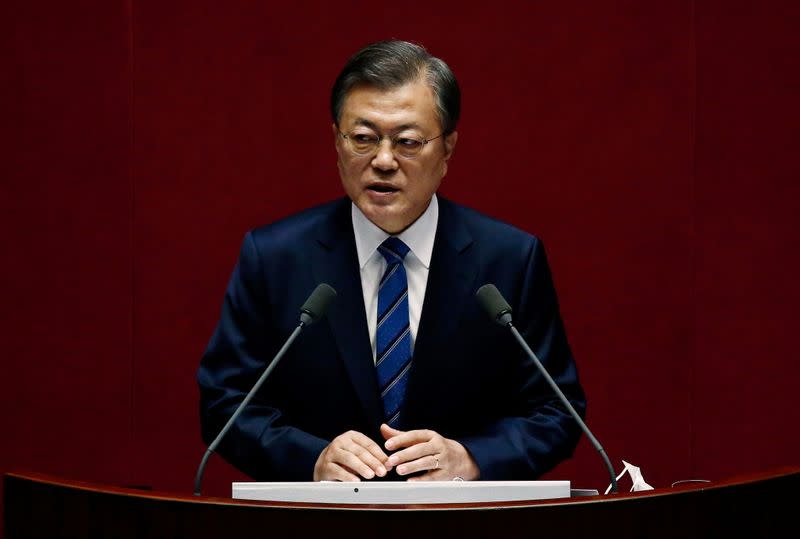 South Korean President Moon Jae-in speaks at the National Assembly in Seoul