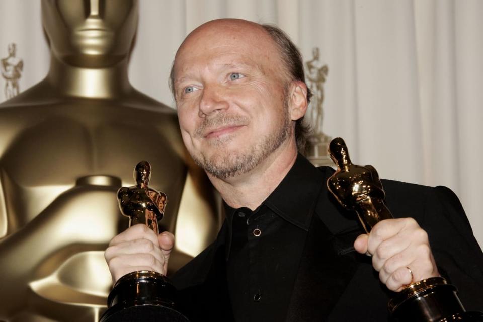 <div class="inline-image__caption"><p>Writer/Director Paul Haggis backstage with his Oscar statuettes for Best Original Screenplay and Best Motion Picture for the film <em>Crash</em> in 2006.</p></div> <div class="inline-image__credit">Vince Bucci</div>
