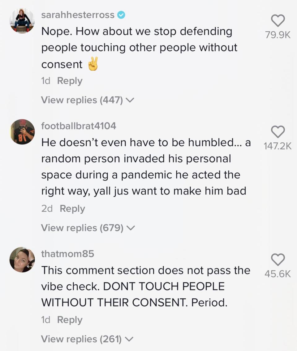 Screenshot of TikTok comments, with the first reading, "Nope How about we stop defending people touching other people without consent ✌️"