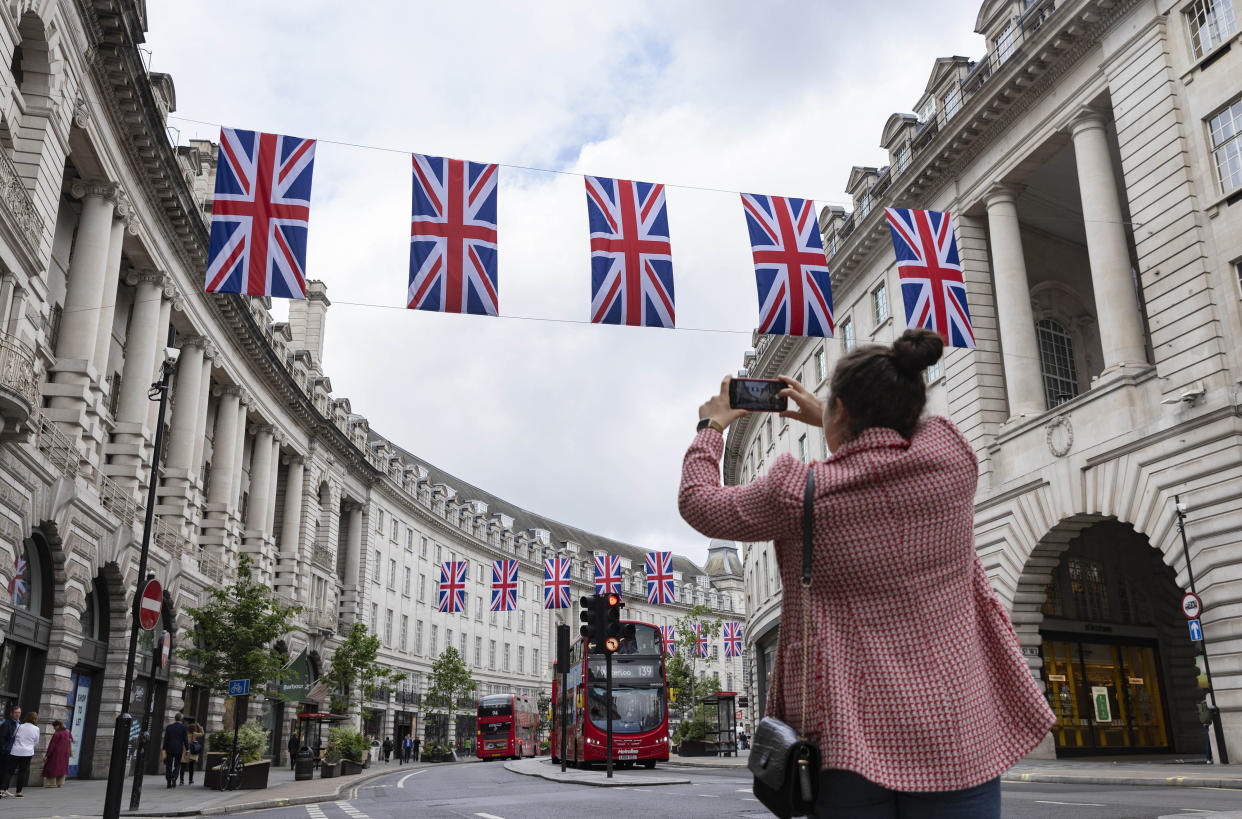 recession  EDITORIAL USE ONLY General views of Regent street as over 150 Union Jack flags are put in place above Regent Street and St James???s in London to celebrate Queen Elizabeth II's Platinum Jubilee. Picture date: Thursday May 19, 2022.