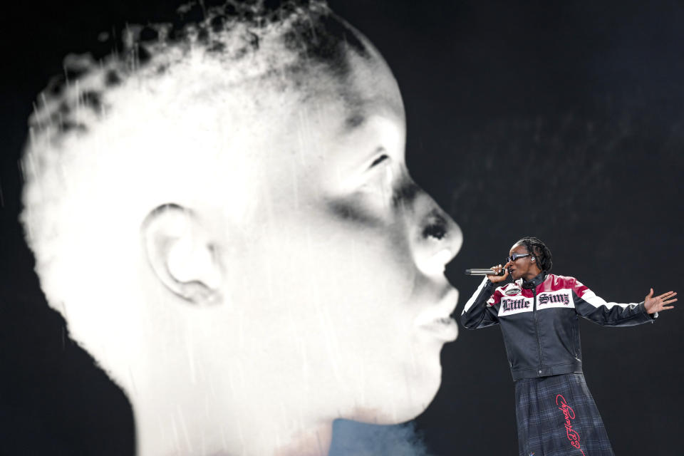 Little Simz performs during the Glastonbury Festival in Worthy Farm, Somerset, England, Saturday, June 29, 2024. (Scott A Garfitt/Invision/AP)