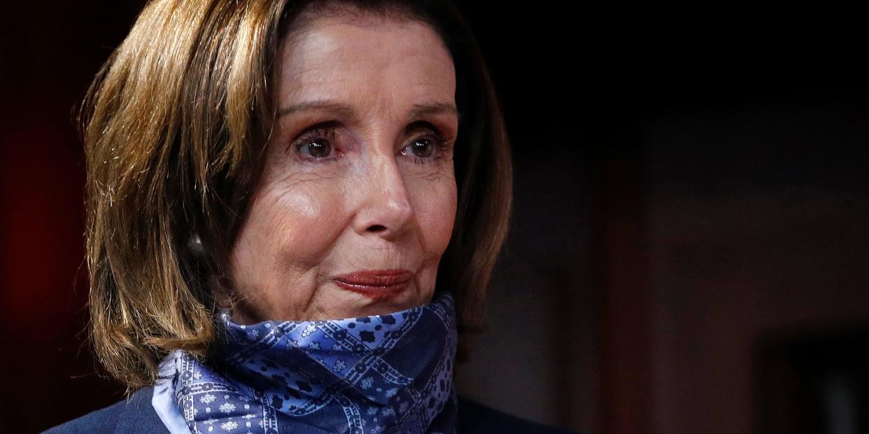 House Speaker Nancy Pelosi of Calif., waits to speak with reporters after the Senate approved a nearly $500 billion coronavirus aid bill, Tuesday, April 21, 2020, on Capitol Hill in Washington. (AP Photo/Patrick Semansky)