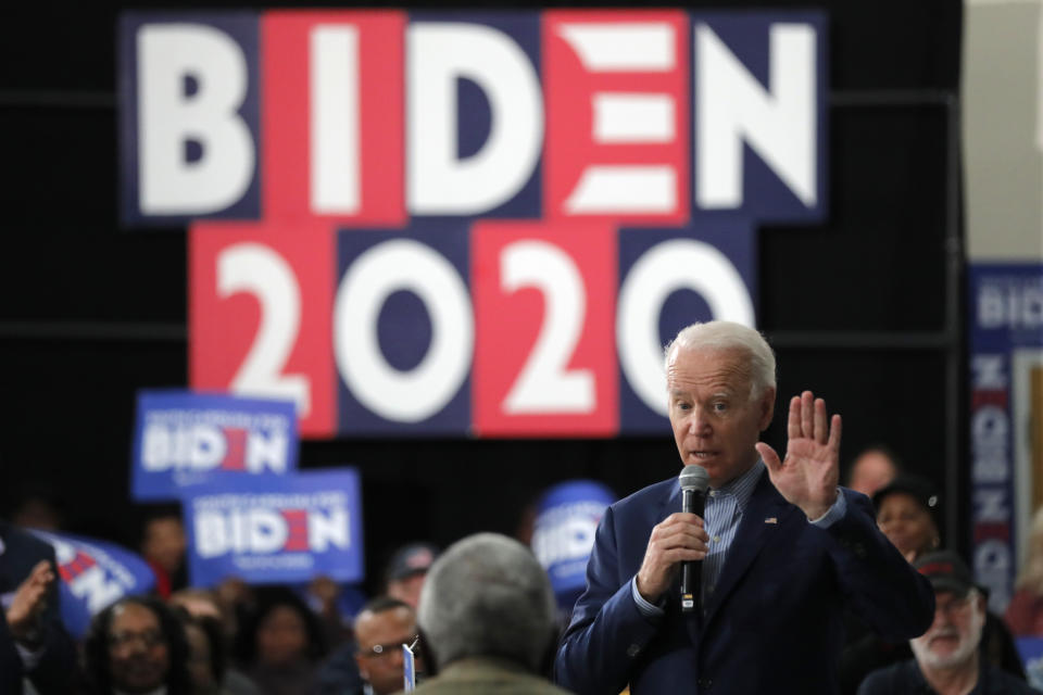 Democratic presidential candidate former Vice President Joe Biden speaks at a campaign event in Sumter, S.C., Friday, Feb. 28, 2020. (AP Photo/Gerald Herbert)