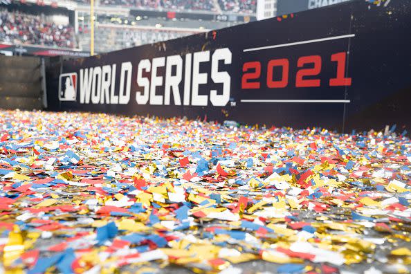 ATLANTA, GA - NOVEMBER 05: Confetti is seen as the Atlanta Braves celebrate following their World Series Parade at Truist Park on November 5, 2021 in Atlanta, Georgia. The Atlanta Braves won the World Series in six games against the Houston Astros winning their first championship since 1995. (Photo by Megan Varner/Getty Images)