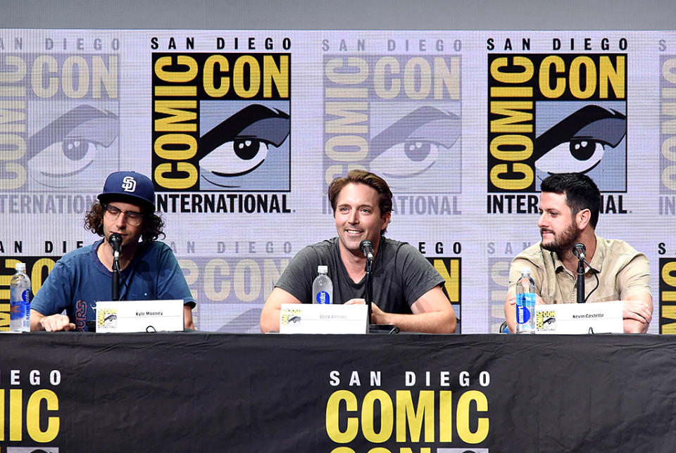 <p>Kyle Mooney, Beck Bennett and screenwriter Kevin Costello at Comic-Con panel for their film on July 20, 2017, in San Diego. (Photo: Kevin Winter/Getty Images) </p>