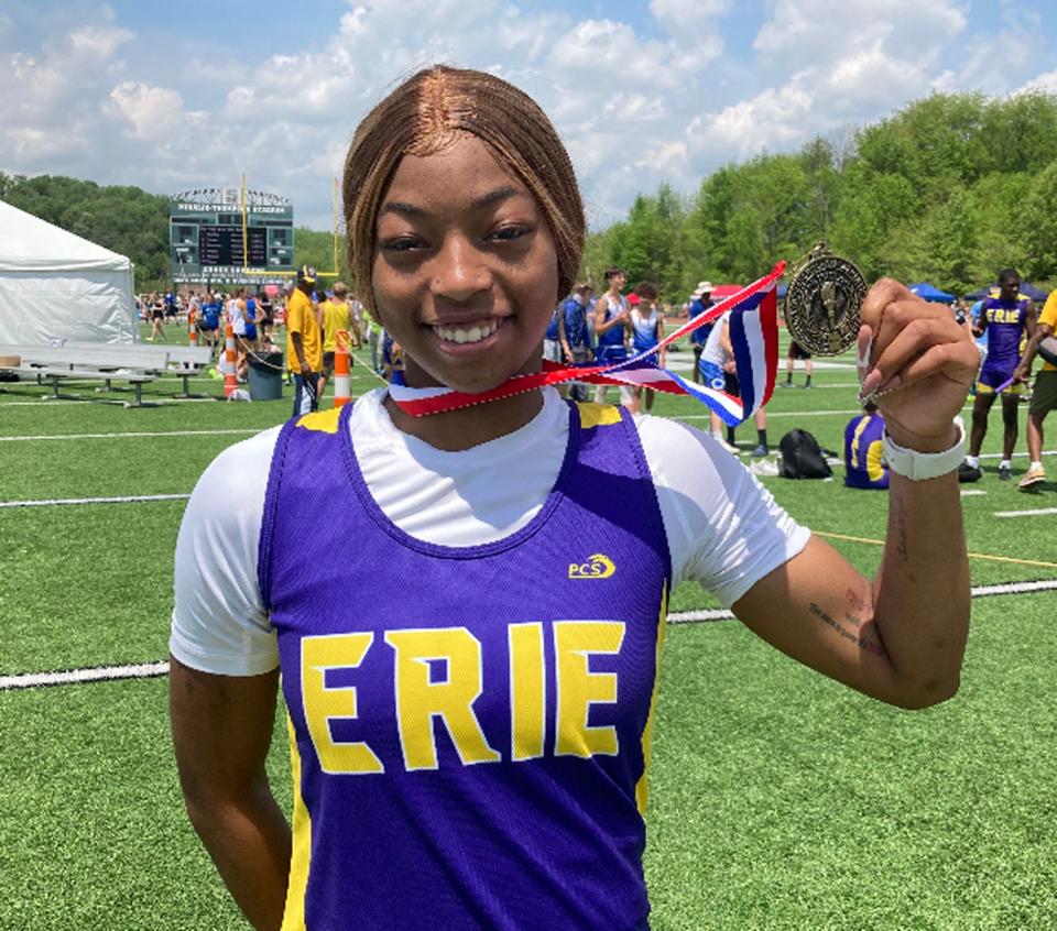 Erie High's Torreuna Roberts won the 100 meters and 200 meters in the District 10 Class 3A track and field championships at Slippery Rock University on Saturday, May 21, 2022.