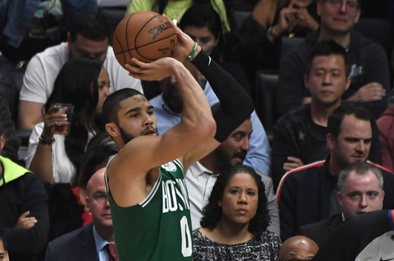 Boston Celtics forward Jayson Tatum scored 20 points in the second quarter of a win over the Golden State Warriors on Sunday in Boston. File Photo by Jon SooHoo/UPI