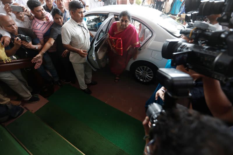 India's Finance Minister Nirmala Sitharaman arrives to present the 2019 budget in Parliament, New Delhi, India