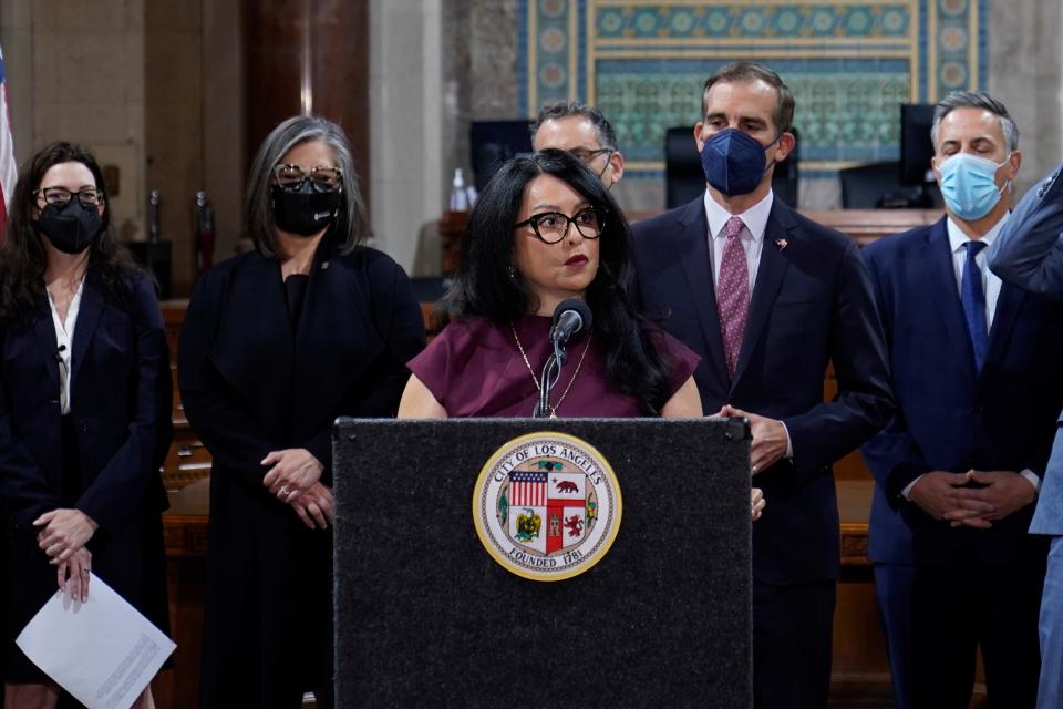 Los Angeles City Council President Nury Martinez speaks during a news conference on April 1 at Los Angeles City Hall.