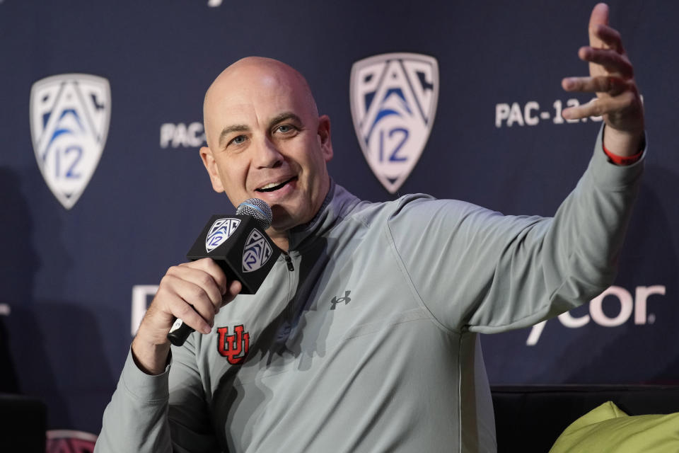 Utah head coach Craig Smith speaks during a news conference at the Pac-12 Conference NCAA college basketball media day Wednesday, Oct. 11, 2023, in Las Vegas. (AP Photo/John Locher)