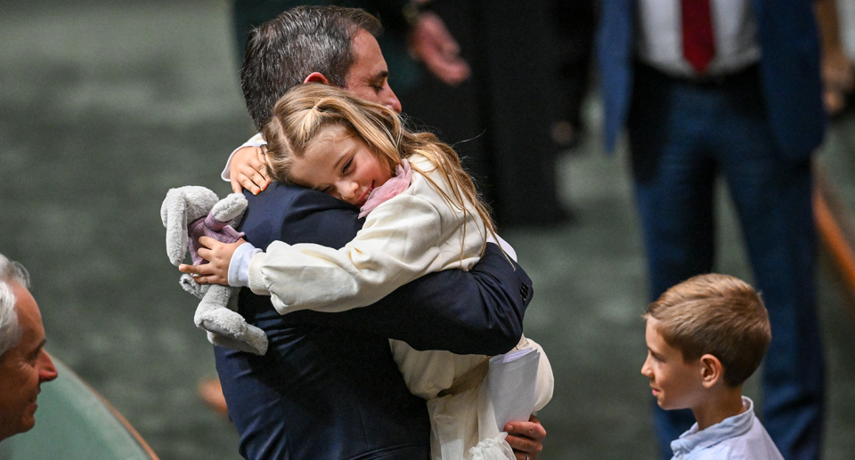 Treasurer Jim Chalmers delivered the budget with his young children watching on. Source: AAP