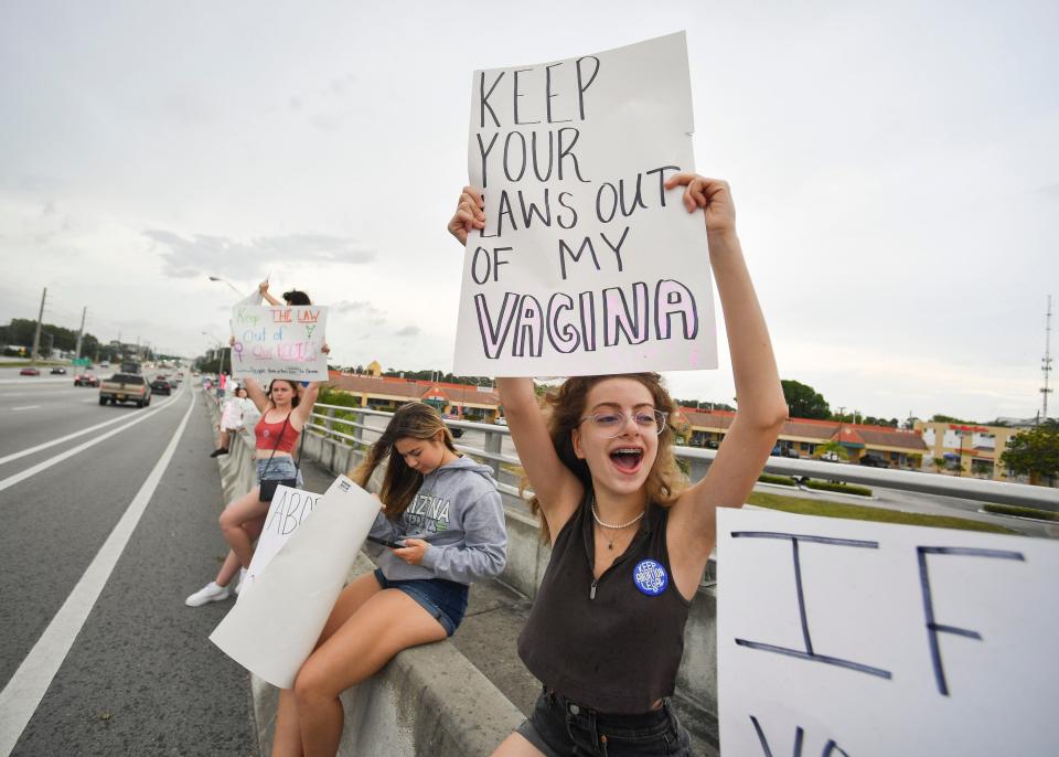 "I think at the end of the day religion and politics shouldn't be putting others at risk and shouldn't be forced on other people. It's pro-choice not pro-abortion," said Sofia Matos, 16, of Stuart. Matos was protesting the leaked draft opinion of the upcoming U.S. Supreme Court decision that would overturn Roe v. Wade and end the constitutional right to abortion access on May 7, 2022, at the northeast end of the Roosevelt Bridge in Stuart.