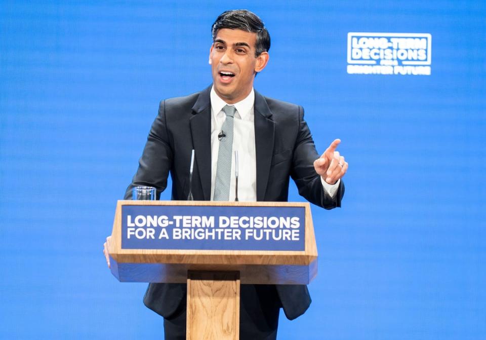 Rishi Sunak addresses the Tory Conference 2023 (PA)