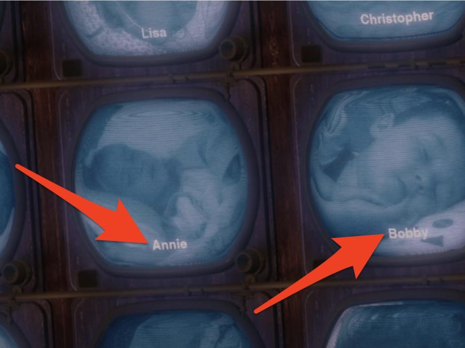 arrows pointing to children's names on screens in the polar express