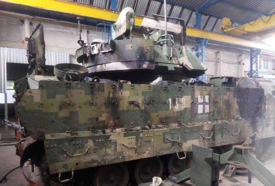 A damaged Bradley Infantry Fighting Vehicle in a photo shared by a Ukrainian official.