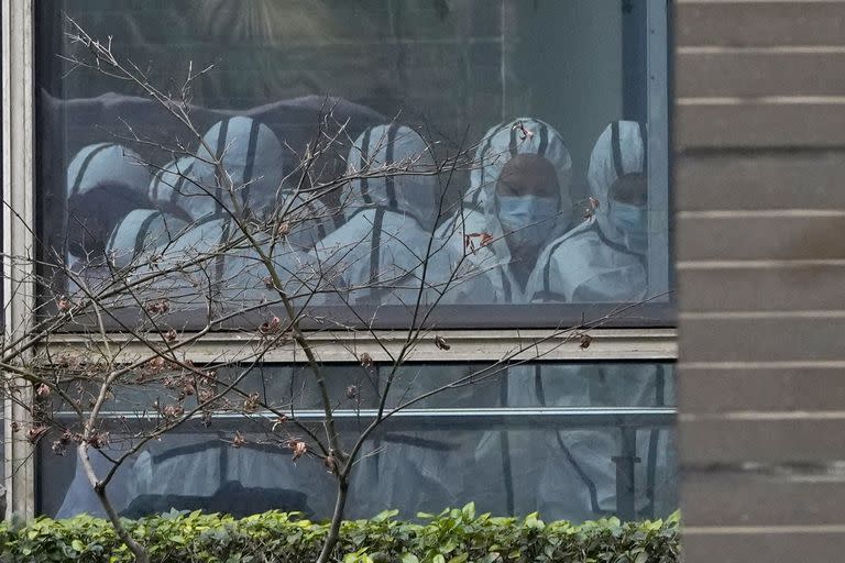 En esta imagen de archivo, miembros de un equipo de la OMS equipados con trajes de protección, vistos a través de una ventana durante una visita al Centro de Prevención y Control de Enfermedades de Animales, en Wuhan, en la provincia de Hubei, en el centro de China, durante una visita para tratar de descubrir los orígenes del coronavirus, el 2 de febrero de 2021. (AP Foto/Ng Han Guan, archivo)