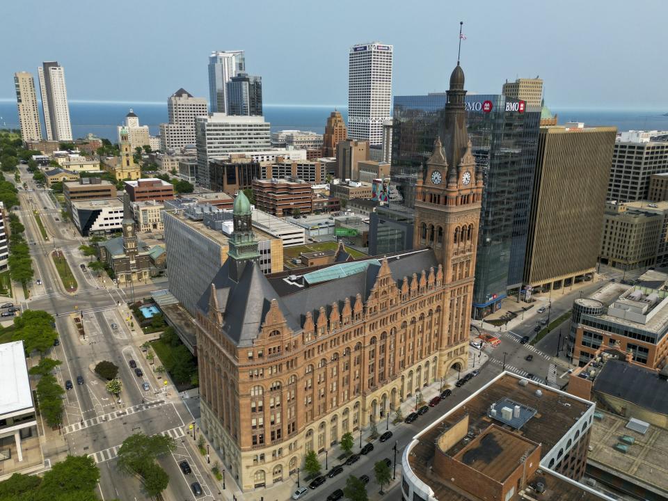 Milwaukee City Hall is seen Wednesday, June 14, 2023, in Milwaukee. A plan to prevent Milwaukee from going bankrupt, struck between Republican lawmakers, leaders in the heavily Democratic city and Gov. Tony Evers, was up for approval Wednesday in the Wisconsin Legislature. (AP Photo/Morry Gash)