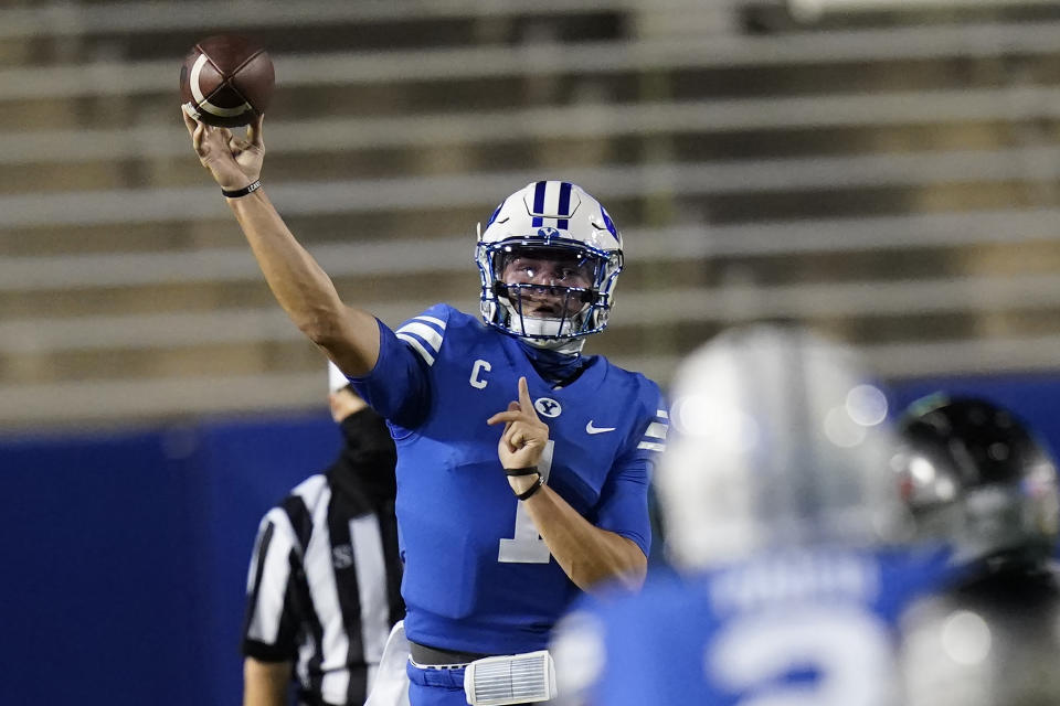 BYU quarterback Zach Wilson throws a pass during the first half against Troy in an NCAA college football game Saturday, Sept. 26, 2020, in Provo, Utah. (AP Photo/Rick Bowmer, Pool)