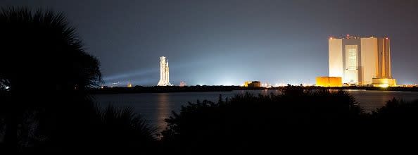 In this handout image provided by NASA, NASA's Space Launch System (SLS) rocket with the Orion spacecraft aboard is seen atop a mobile launcher as it rolls out of the Vehicle Assembly Building to Launch Complex 39B at Kennedy Space Center on August 17, 2022, in Cape Canaveral, Florida.