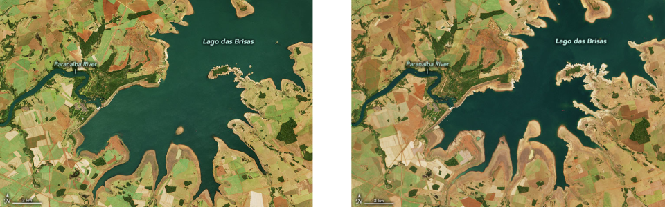 Lago das Brisas, a reservoir in southern Brazil, in June 2019 (left) and June 2021 (right). The region is enduring its worst drought in almost a century. NASA