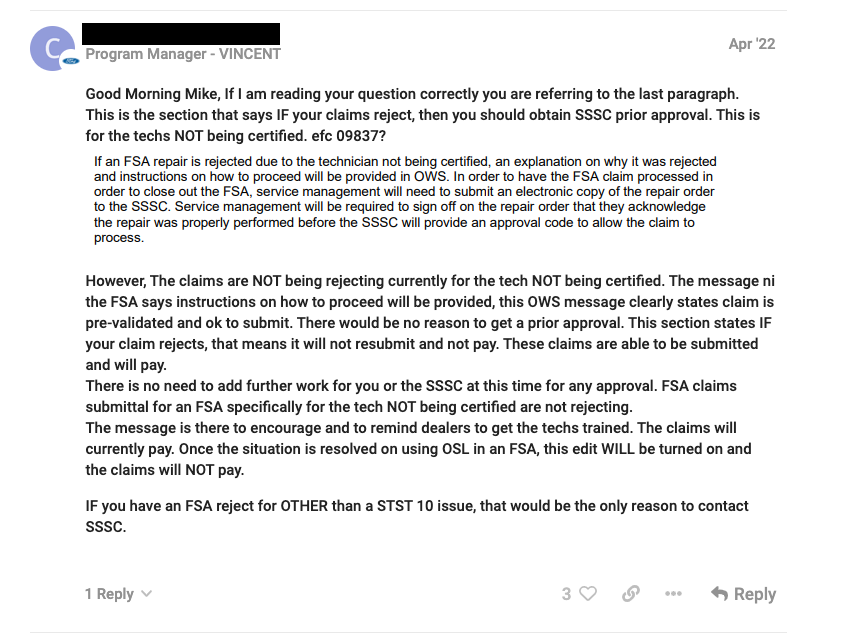 This April 2022 on an internal Ford community forum exchange explains that Ford is not rejecting recall reimbursement claims if a technician is uncertified. Prior to 2019, Ford required certain training for key repairs. In 2019, company policy was revised to remove cross-check policies that confirmed worker training and identity.