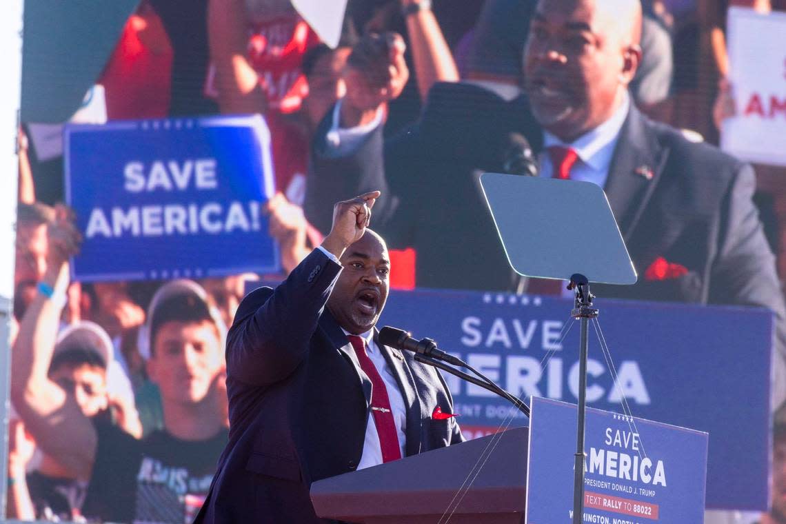 Lt. Gov. Mark Robinson speaks during a rally featuring former president Donald Trump at Wilmington International Airport Friday, Sept. 23, 2023.