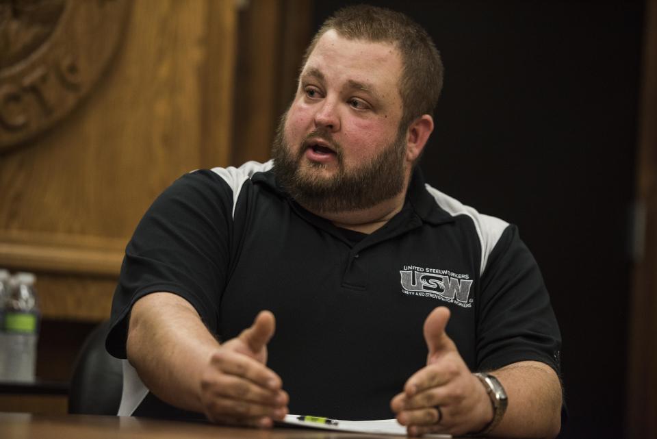 PITTSBURGH, PA - SEPTEMBER 29: Randy Denman Jr. speaks at the United Steel Workers (USW) roundtable during HuffPost's visit to Pittsburgh, Pennsylvania, on Sept. 29, 2017, as part of "Listen To America: A HuffPost Road Trip." The outlet will visit more than 20 cities on its tour across the country. (Photo by Damon Dahlen/HuffPost) *** Local Caption ***