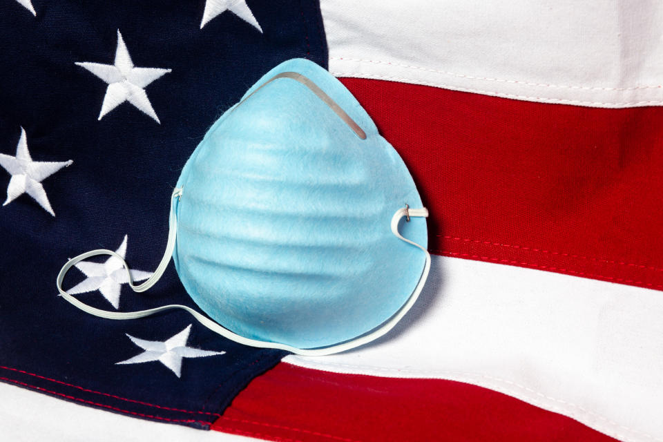 Close up of a respiratory mask with the USA flag in the background