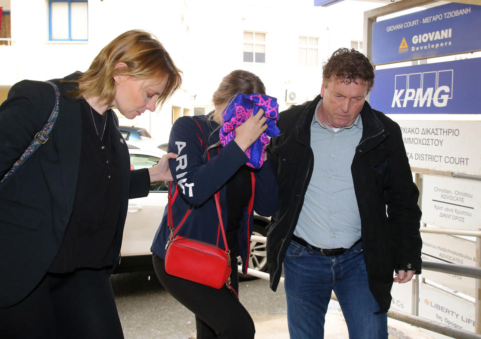 A British woman and alleged gang rape victim (C) reacts as she arrives at Famagusta District Court in Paralimni, Cyprus, on Dec. 30, 2019. | Katia Christodoulou—EPA-EFE/Shutterstock