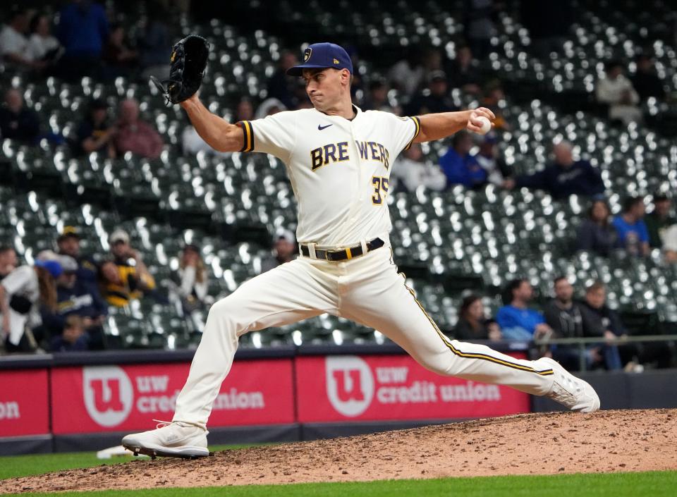 Milwaukee Brewers relief pitcher Brent Suter (35) throws  during the ninth inning of their game against the Cincinnati Reds Wednesday, May 4, 2022 at American Family Field.