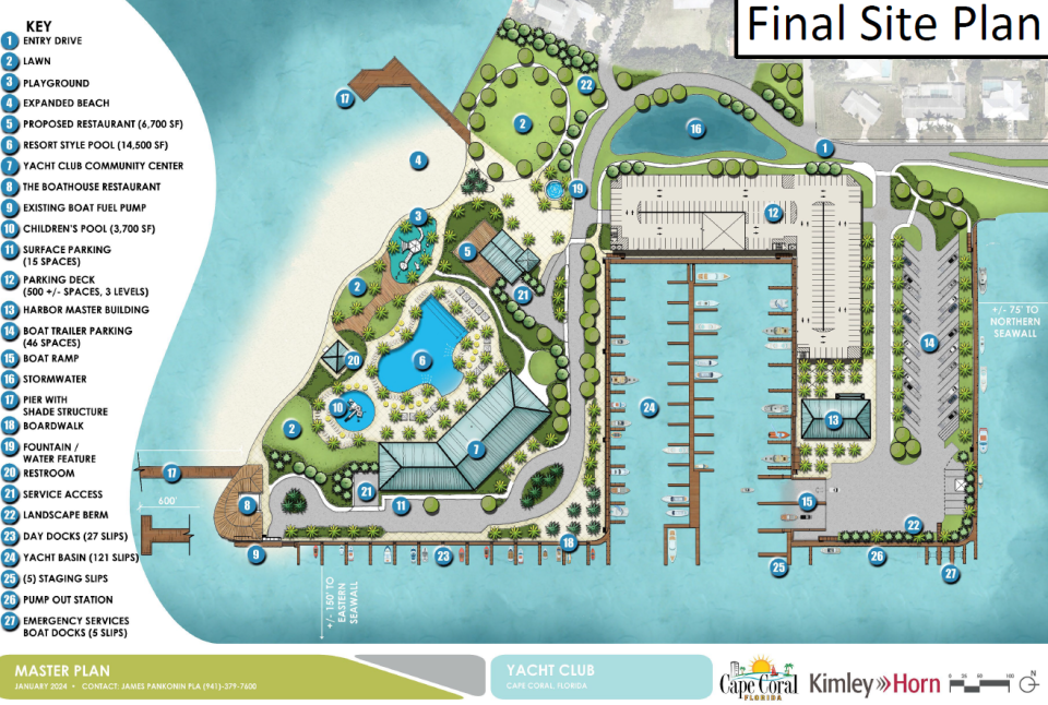 A rendering of the final site plan for the Cape Coral Yacht Club Master Plan, presented to the city council on Jan. 17, 2024.
