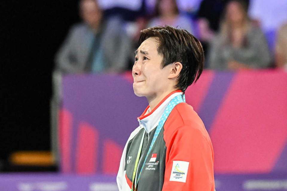 Singapore paddler Feng Tianwei fighting back tears after winning the women's singles gold medal at the 2022 Commonwealth Games in Birmingham. (PHOTO: Commonwealth Games Singapore/ Andy Chua)