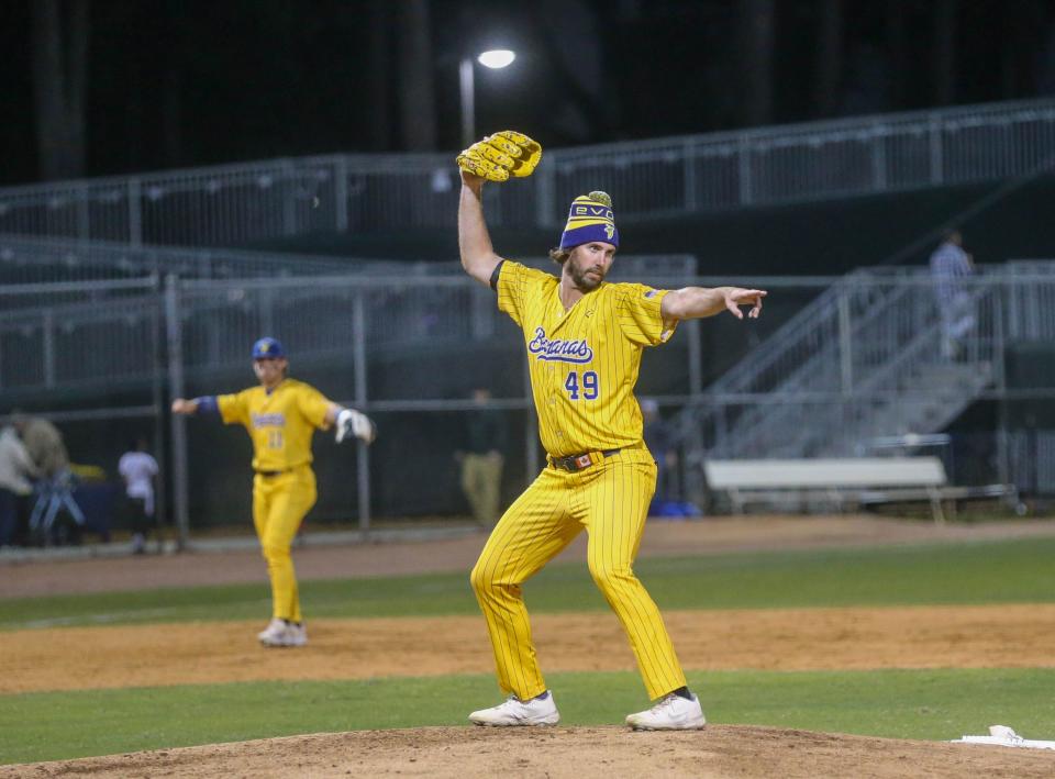 Pitcher Ryan Kellogg does a little dance as he works from the mound during the Savannah Bananas first home game of the season on Friday, February 23, 2024 at Historic Grayson Stadium.