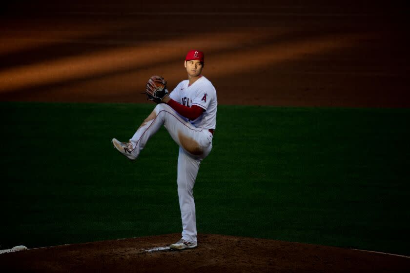 Anaheim, CA - June 21: Angels starting pitcher Shohei Ohtani delivers a pitch in the fourth nning against the Dodgers at Angel Stadium in Anaheim Wednesday, June 21, 2023. (Allen J. Schaben / Los Angeles Times)