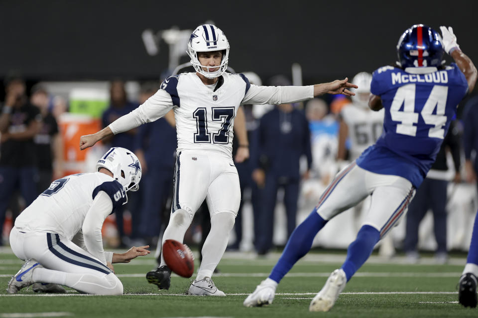 Dallas Cowboys kicker Brandon Aubrey missed a field goal that was big for bettors. (AP Photo/Adam Hunger)