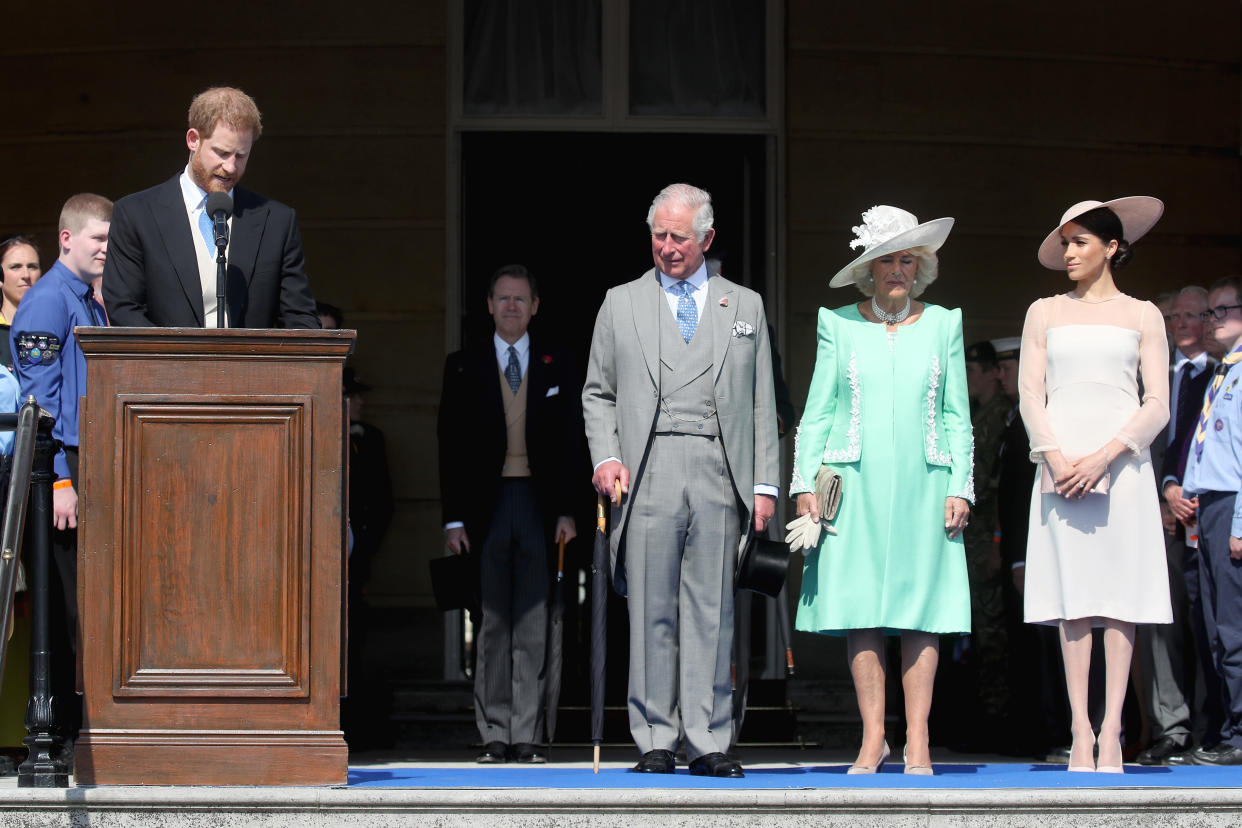 LONDON, ENGLAND - MAY 22:  (L-R) Prince Harry, Duke of Sussex gives a speech next to Prince Charles, Prince of Wales, Camilla, Duchess of Cornwall and Meghan, Duchess of Sussex as they attend The Prince of Wales' 70th Birthday Patronage Celebration held at Buckingham Palace on May 22, 2018 in London, England.  (Photo by Chris Jackson/Chris Jackson/Getty Images)