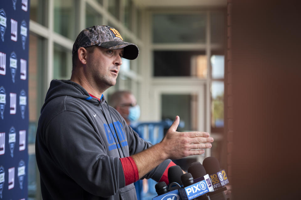 New York Giants head coach Joe Judge speaks to the media at NFL football training camp, Wednesday, July 28, 2021, in East Rutherford, N.J. (AP Photo/Corey Sipkin)